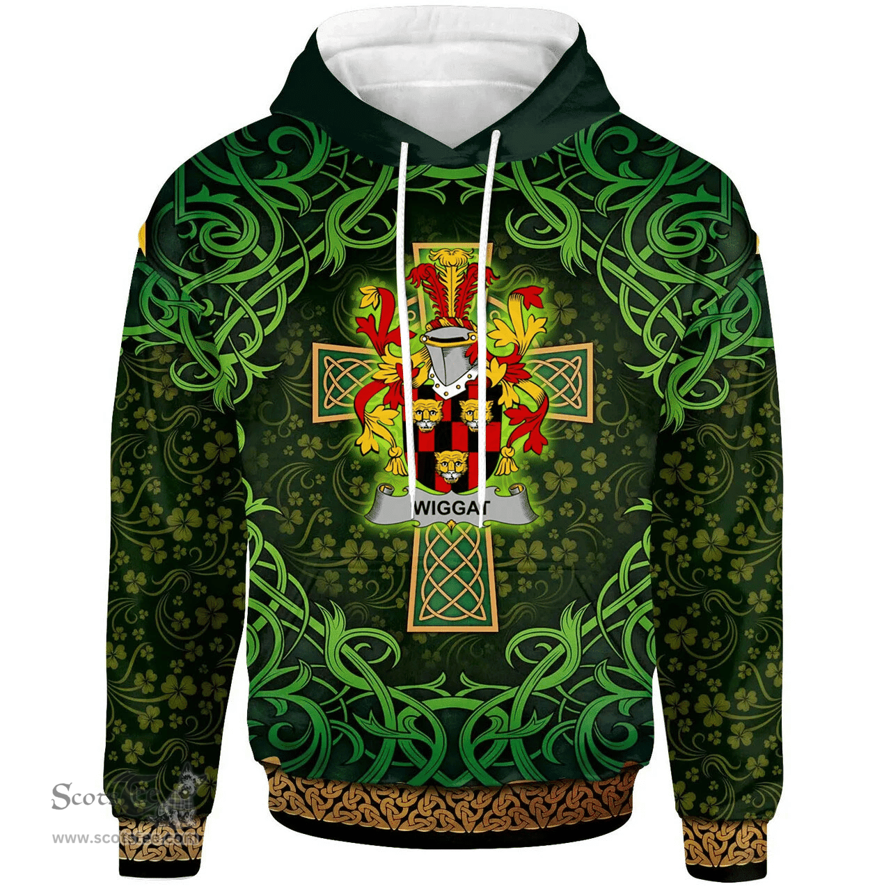 ScotsTee Shop Irish Wiggat Coat of Arms Family Crest Ireland Hoodie Celtic Cross Shamrock Patterns