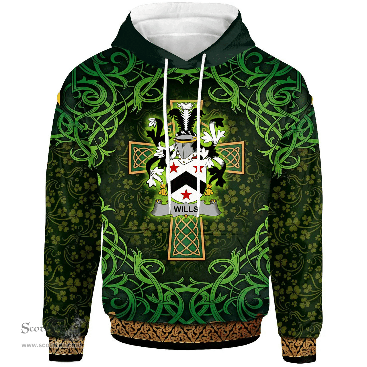 ScotsTee Shop Irish Wills Coat of Arms Family Crest Ireland Hoodie Celtic Cross Shamrock Patterns