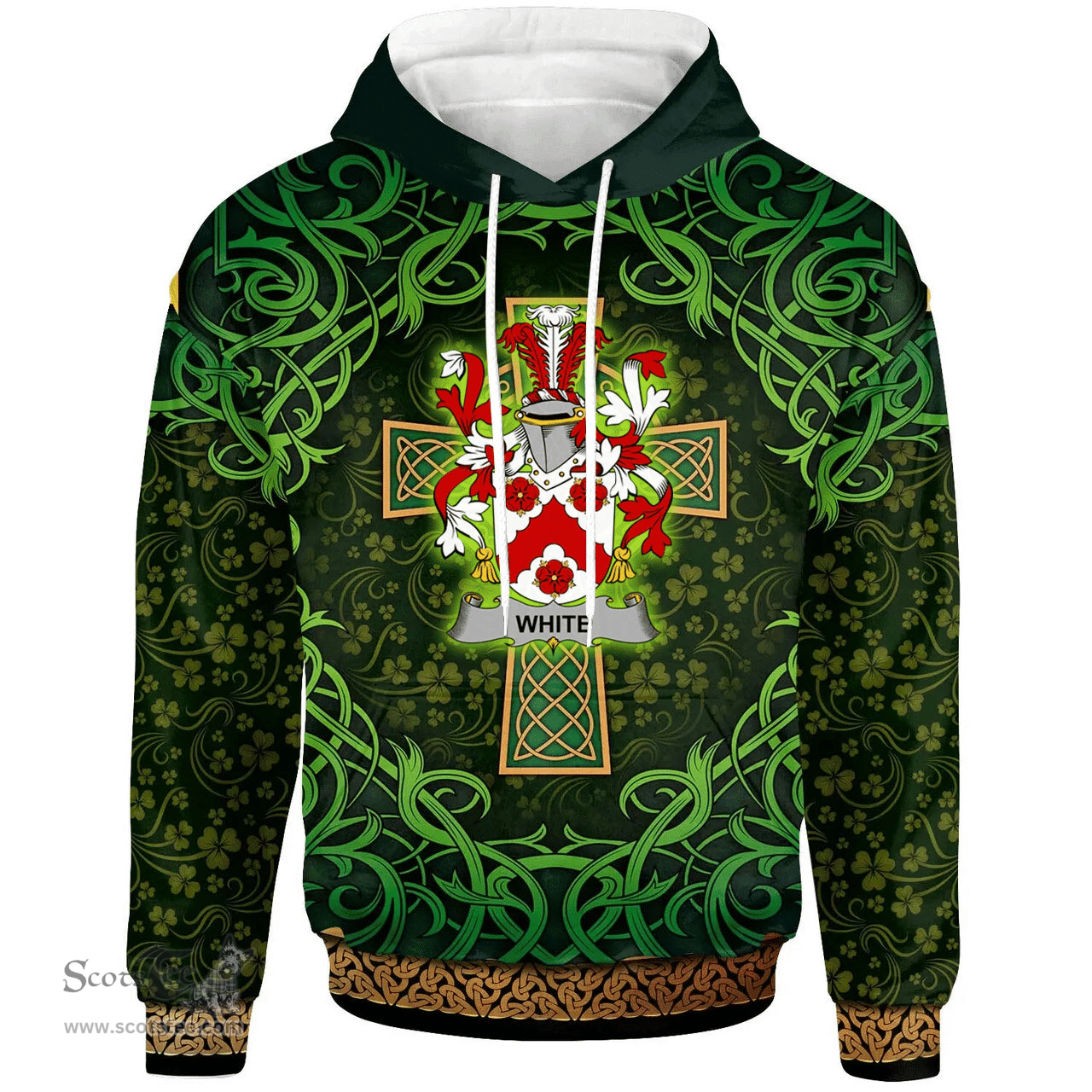 ScotsTee Shop Irish White or Whyte Coat of Arms Family Crest Ireland Hoodie Celtic Cross Shamrock Patterns
