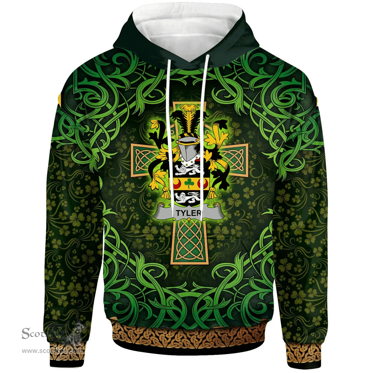 ScotsTee Shop Irish Tyler Coat of Arms Family Crest Ireland Hoodie Celtic Cross Shamrock Patterns