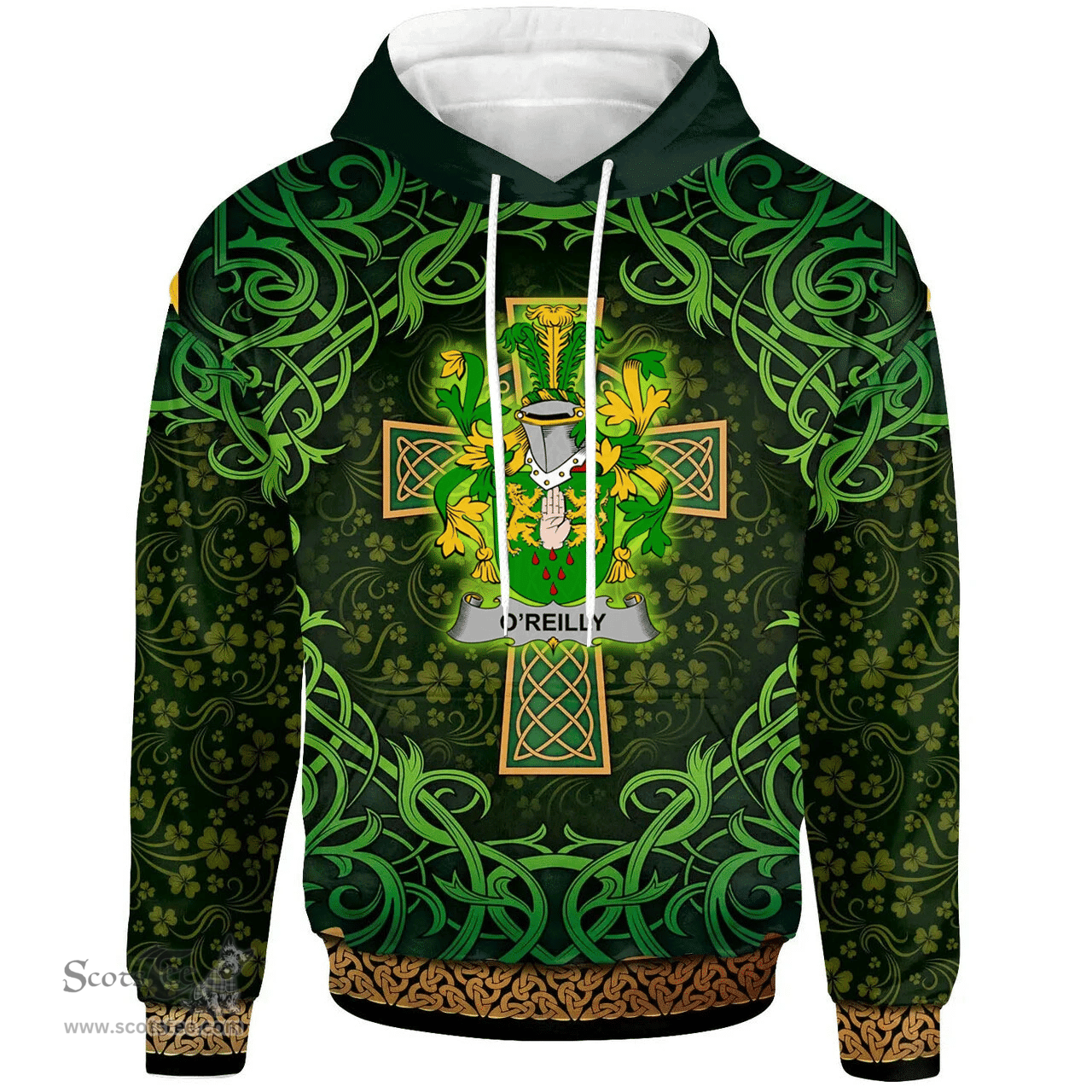 ScotsTee Shop Irish Reilly or O'Reilly Coat of Arms Family Crest Ireland Hoodie Celtic Cross Shamrock Patterns