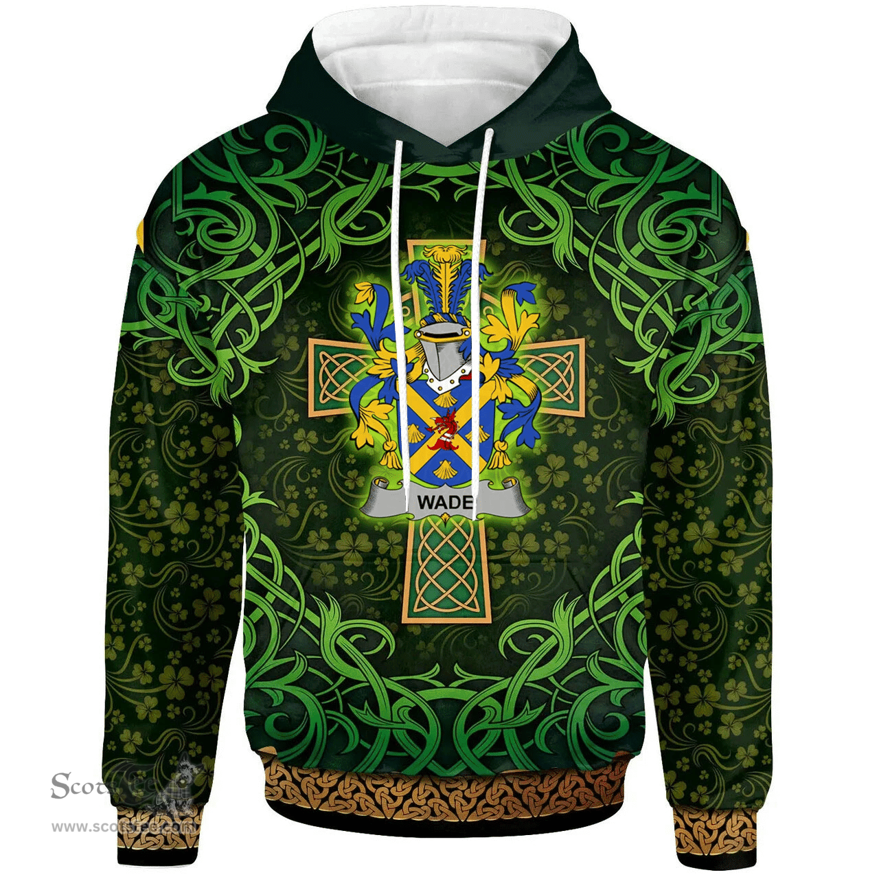 ScotsTee Shop Irish Wade Coat of Arms Family Crest Ireland Hoodie Celtic Cross Shamrock Patterns