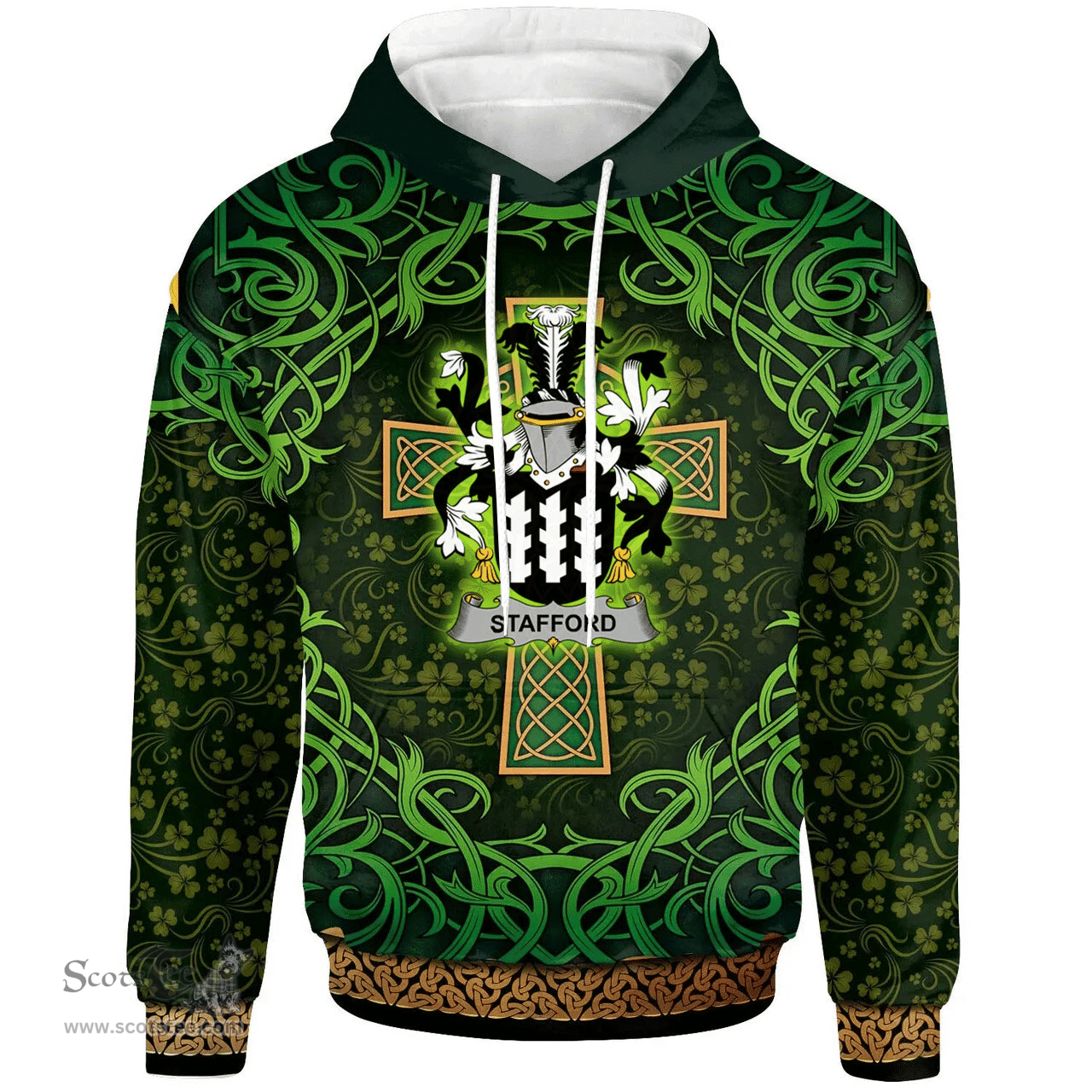 ScotsTee Shop Irish Stafford Coat of Arms Family Crest Ireland Hoodie Celtic Cross Shamrock Patterns