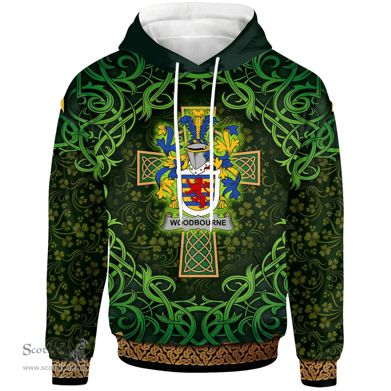 ScotsTee Shop Irish Woodbourne Coat of Arms Family Crest Ireland Hoodie Celtic Cross Shamrock Patterns