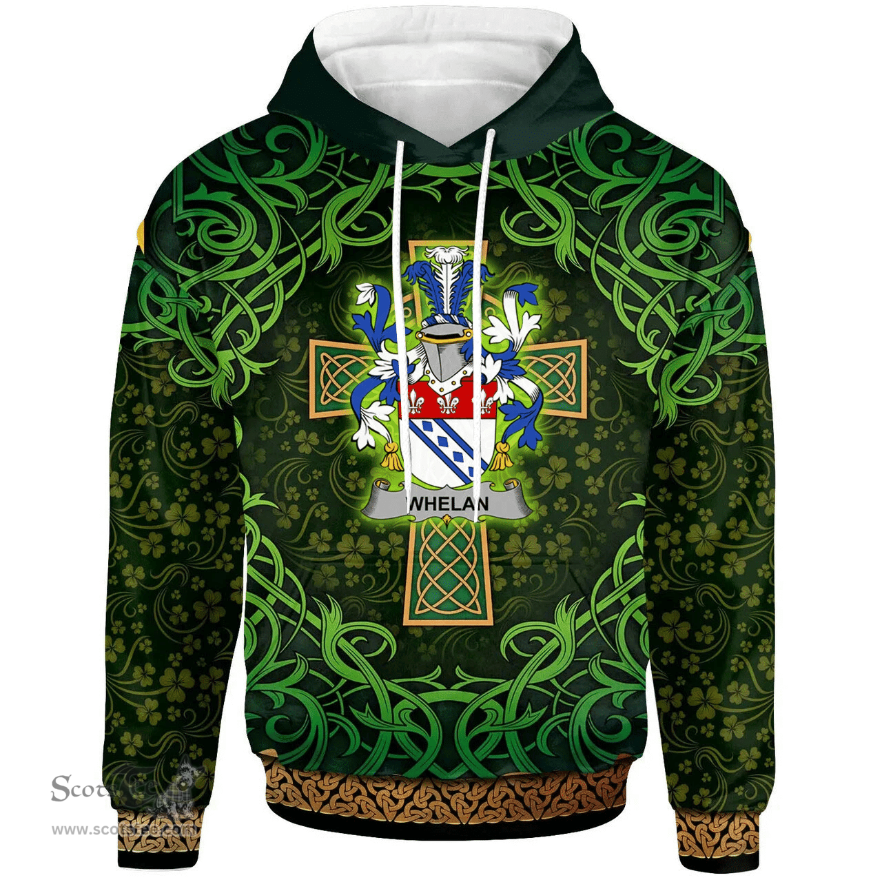 ScotsTee Shop Irish Whelan Coat of Arms Family Crest Ireland Hoodie Celtic Cross Shamrock Patterns