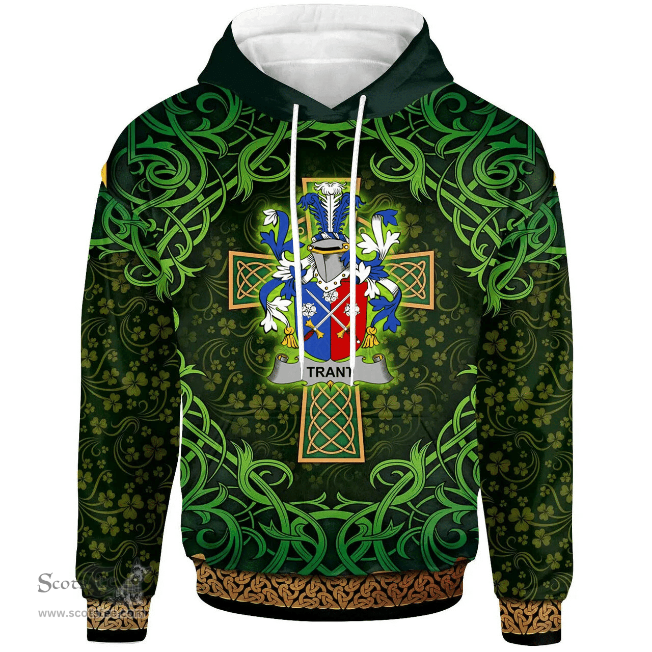 ScotsTee Shop Irish Trant or Trent Coat of Arms Family Crest Ireland Hoodie Celtic Cross Shamrock Patterns