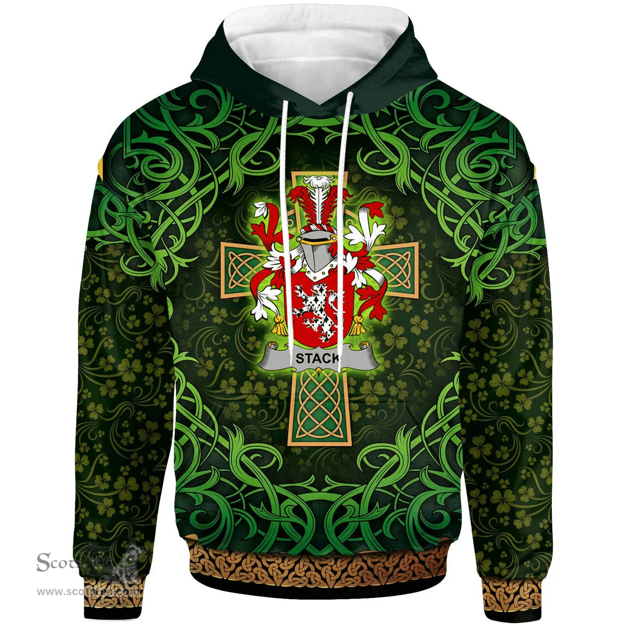 ScotsTee Shop Irish Stack Coat of Arms Family Crest Ireland Hoodie Celtic Cross Shamrock Patterns