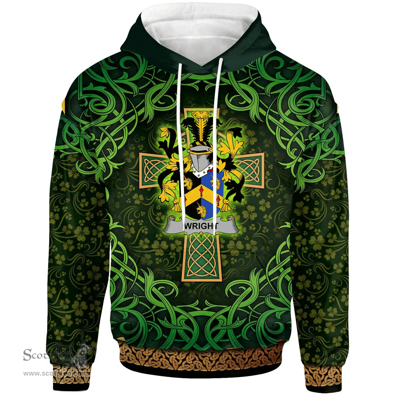 ScotsTee Shop Irish Wright Coat of Arms Family Crest Ireland Hoodie Celtic Cross Shamrock Patterns