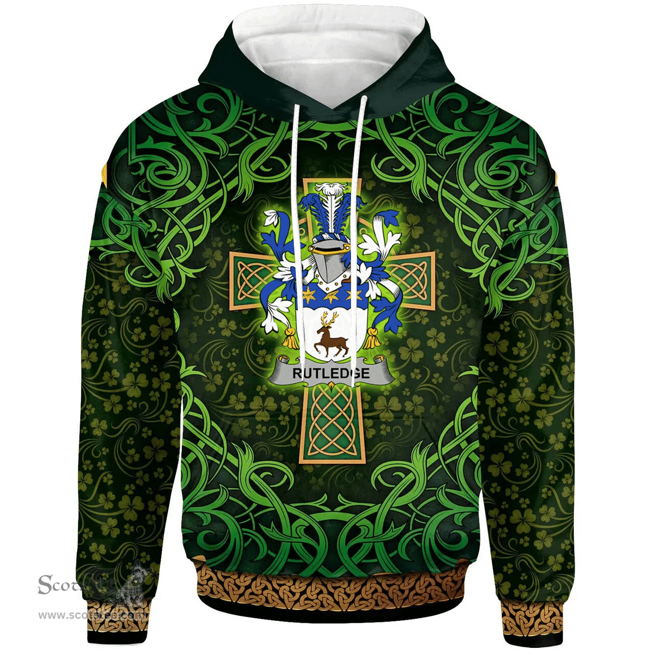 ScotsTee Shop Irish Rutledge Coat of Arms Family Crest Ireland Hoodie Celtic Cross Shamrock Patterns