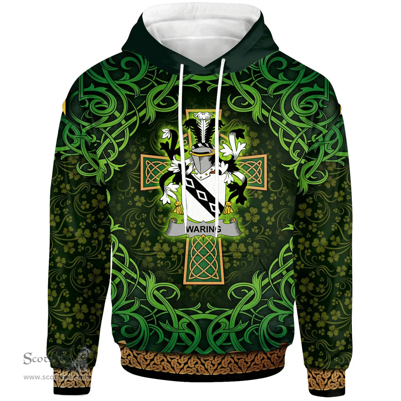 ScotsTee Shop Irish Waring Coat of Arms Family Crest Ireland Hoodie Celtic Cross Shamrock Patterns
