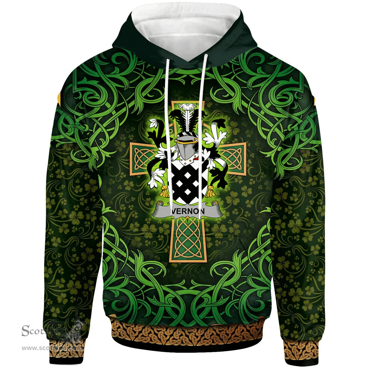 ScotsTee Shop Irish Vernon Coat of Arms Family Crest Ireland Hoodie Celtic Cross Shamrock Patterns