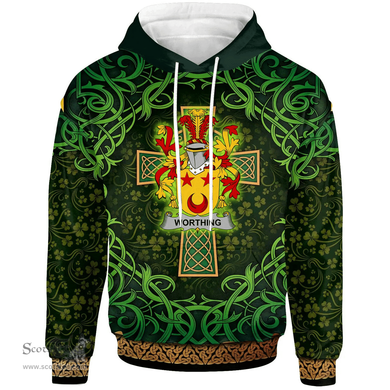 ScotsTee Shop Irish Worthing Coat of Arms Family Crest Ireland Hoodie Celtic Cross Shamrock Patterns