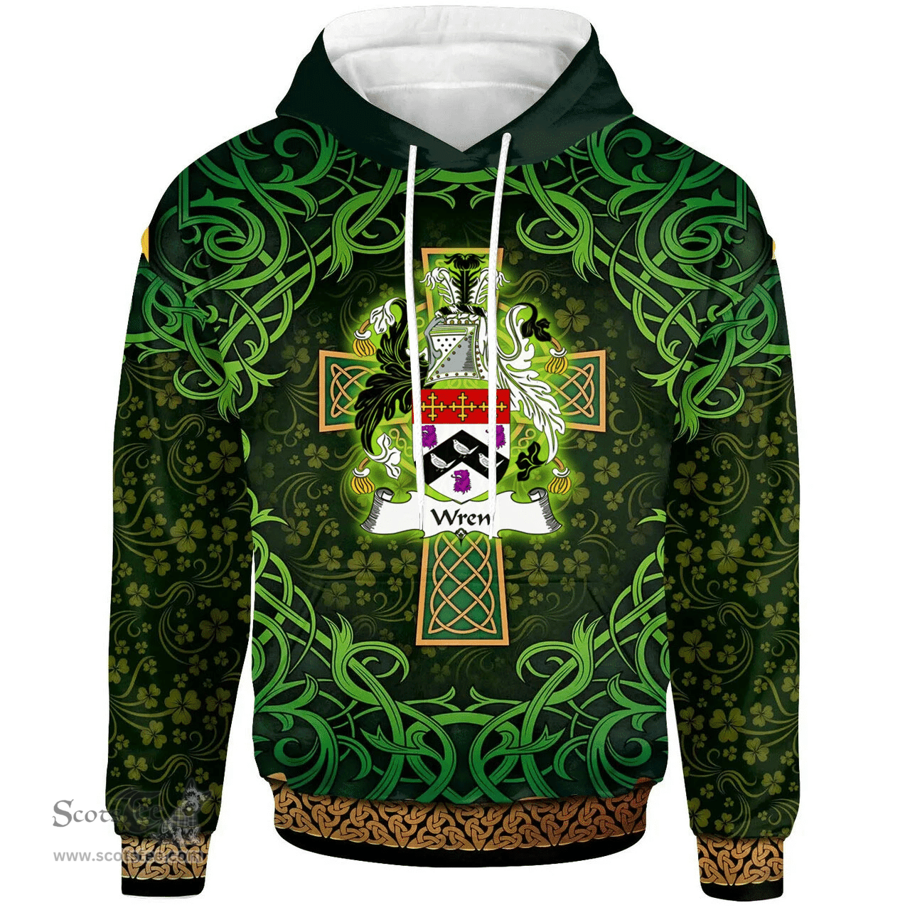ScotsTee Shop Irish Wren or Wrenn Coat of Arms Family Crest Ireland Hoodie Celtic Cross Shamrock Patterns