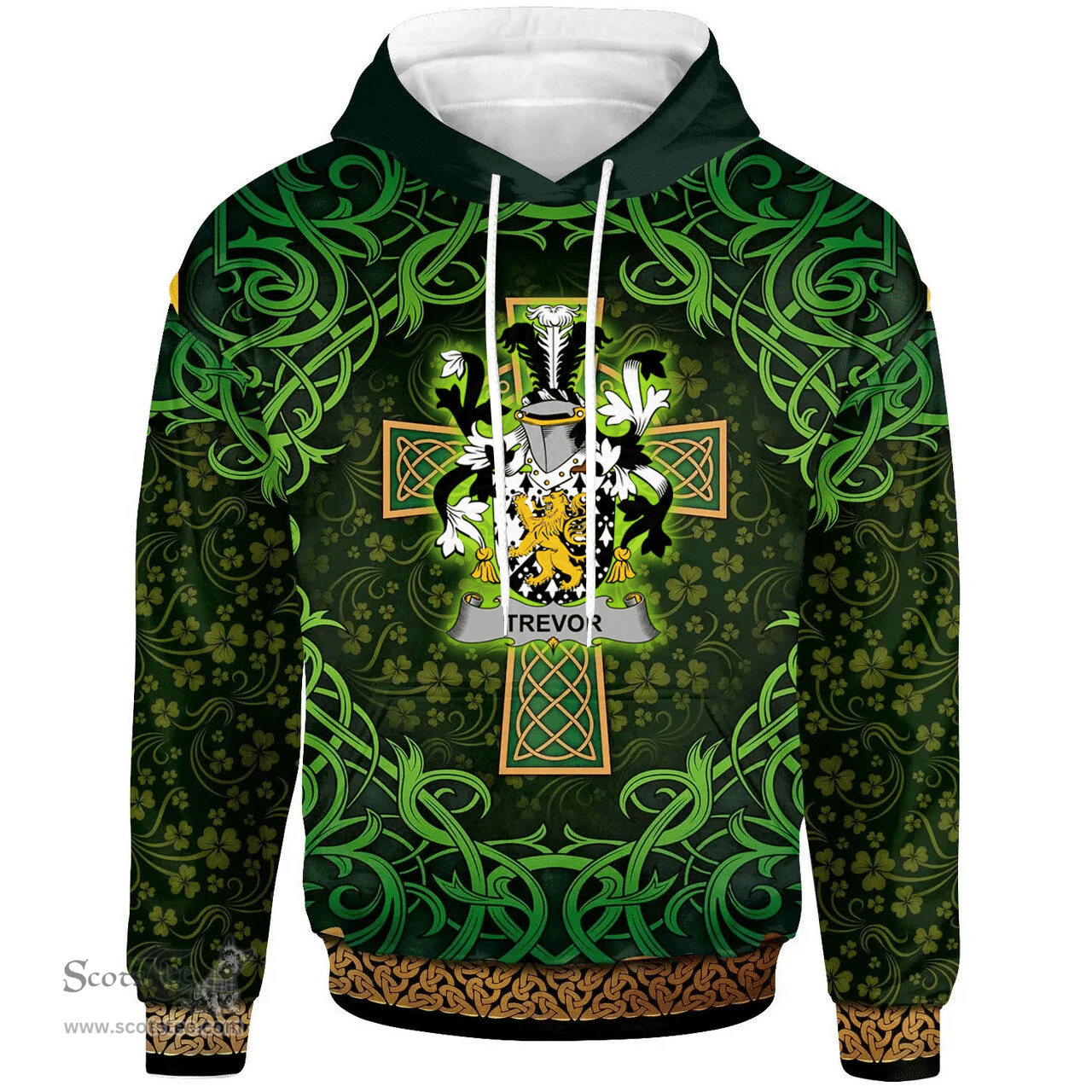 ScotsTee Shop Irish Trevor Coat of Arms Family Crest Ireland Hoodie Celtic Cross Shamrock Patterns