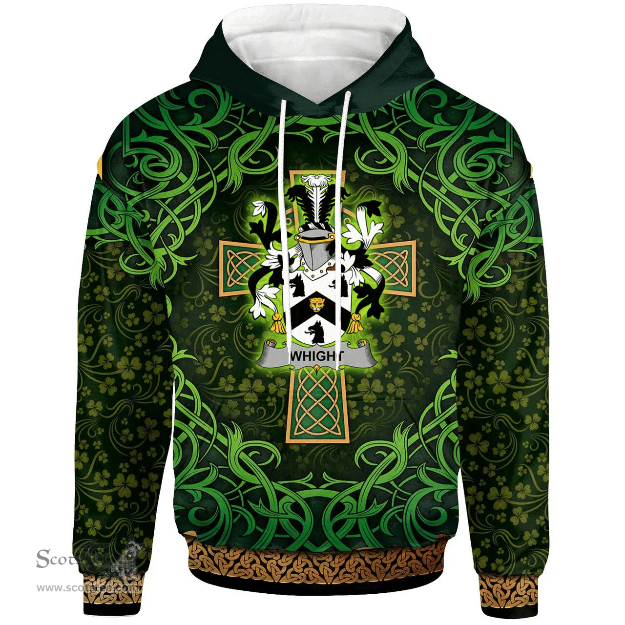 ScotsTee Shop Irish Whight Coat of Arms Family Crest Ireland Hoodie Celtic Cross Shamrock Patterns