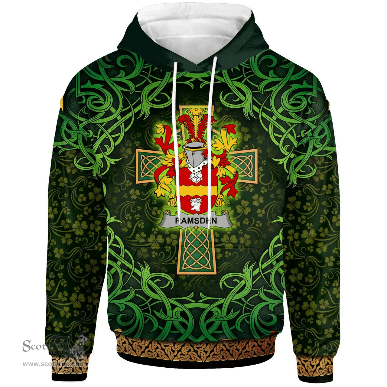 ScotsTee Shop Irish Ramsden Coat of Arms Family Crest Ireland Hoodie Celtic Cross Shamrock Patterns