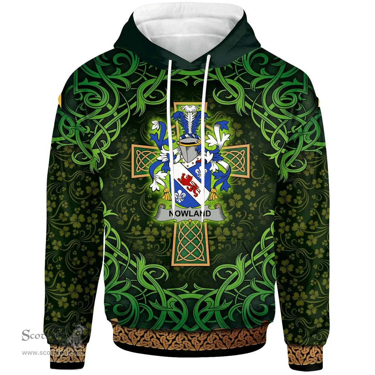 ScotsTee Shop Irish Nowland Coat of Arms Family Crest Ireland Hoodie Celtic Cross Shamrock Patterns