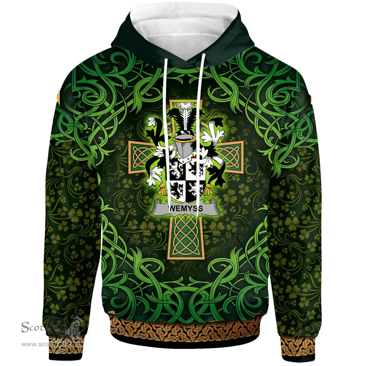 ScotsTee Shop Irish Wemyss Coat of Arms Family Crest Ireland Hoodie Celtic Cross Shamrock Patterns