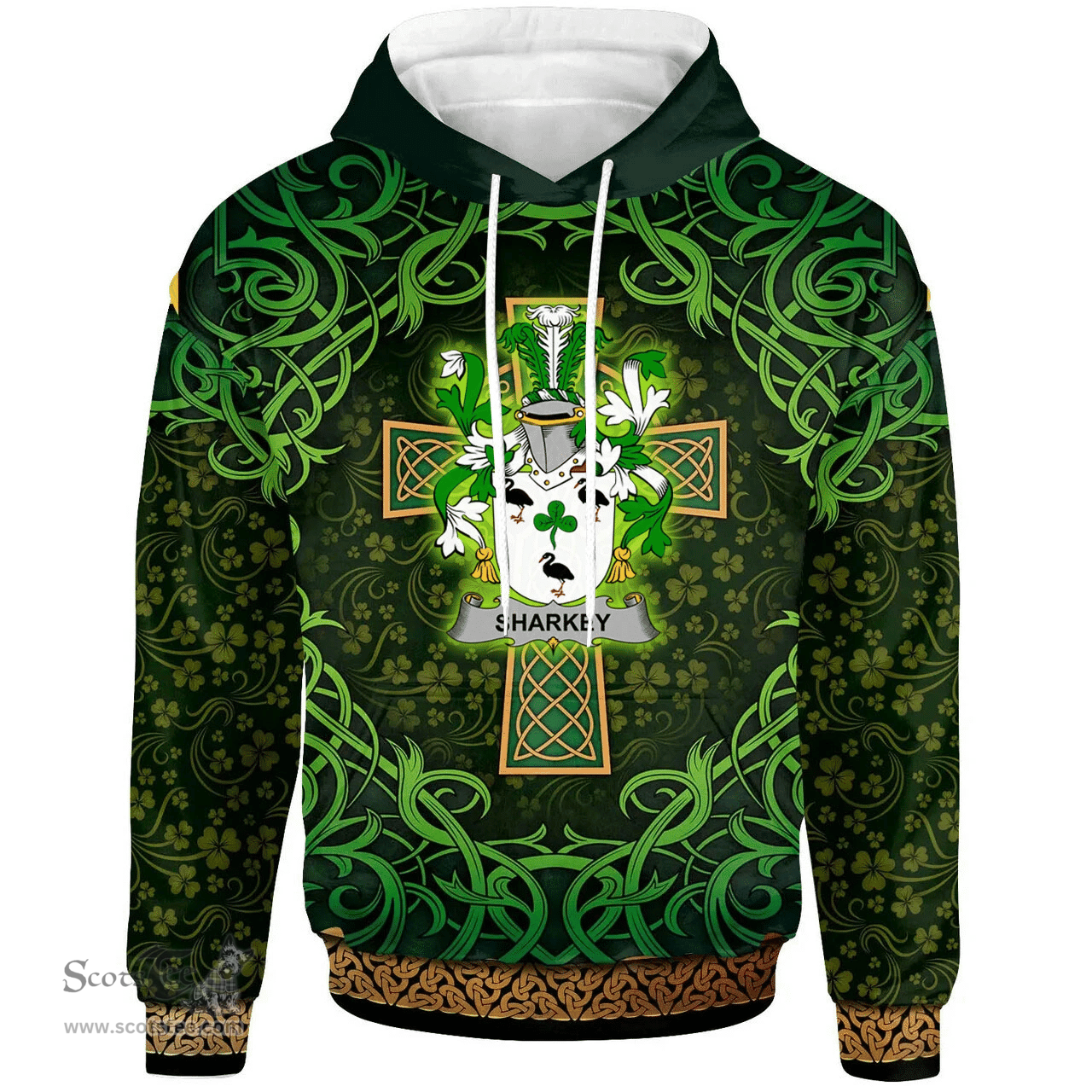 ScotsTee Shop Irish Sharkey or O'Sharkey Coat of Arms Family Crest Ireland Hoodie Celtic Cross Shamrock Patterns