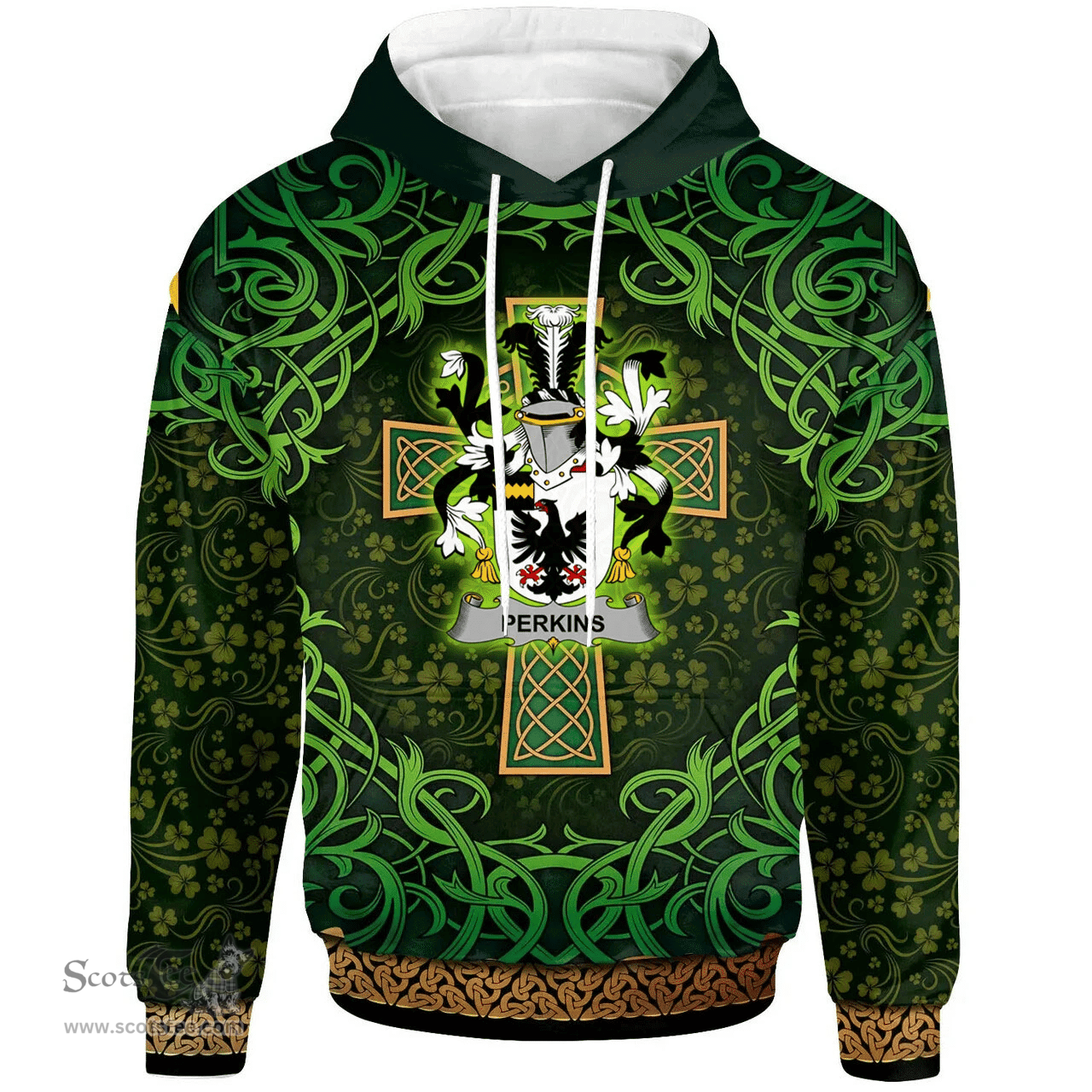 ScotsTee Shop Irish Perkins Coat of Arms Family Crest Ireland Hoodie Celtic Cross Shamrock Patterns
