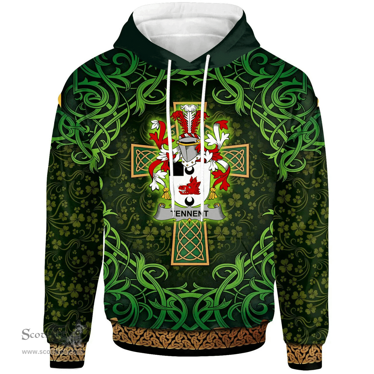 ScotsTee Shop Irish Tennent Coat of Arms Family Crest Ireland Hoodie Celtic Cross Shamrock Patterns