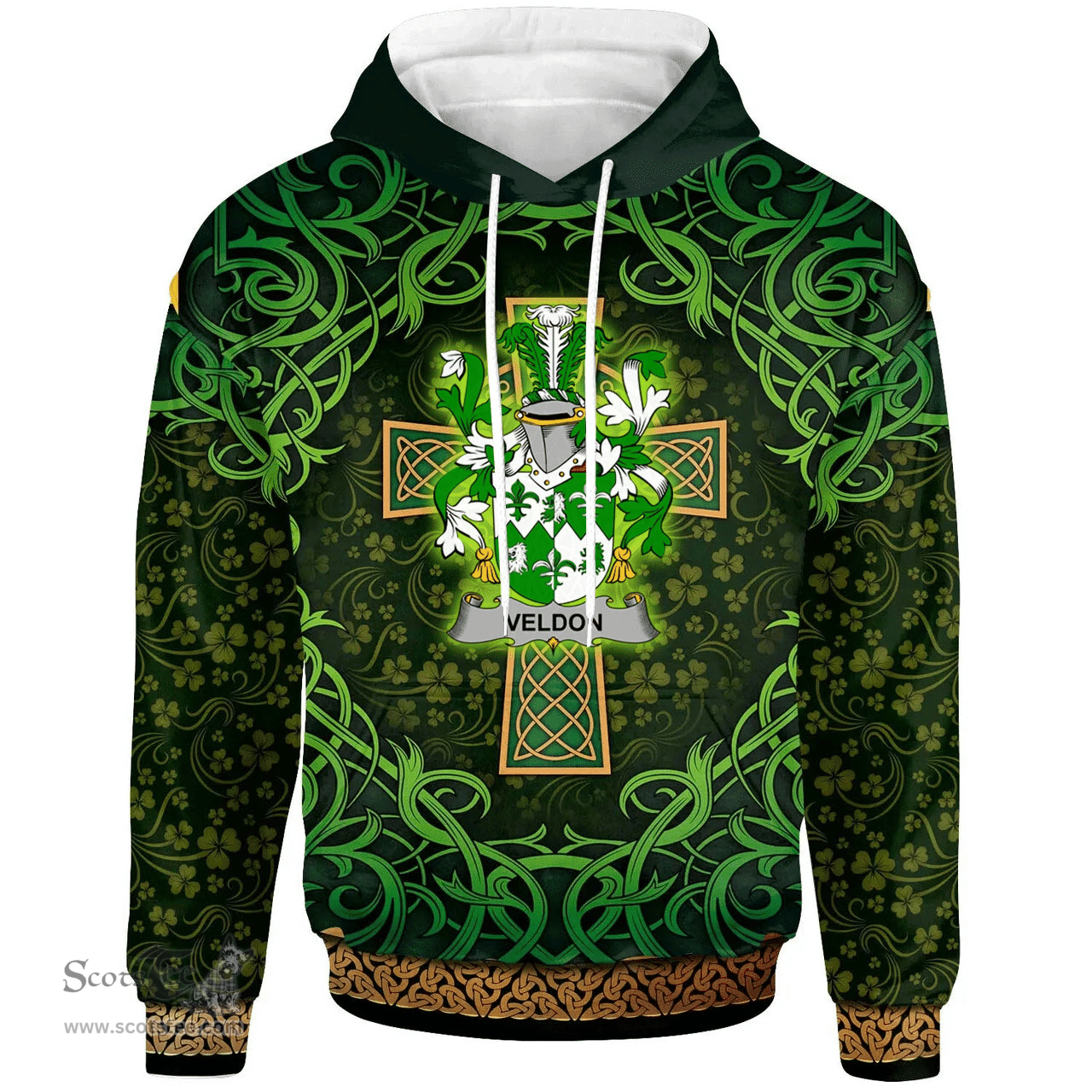 ScotsTee Shop Irish Veldon Coat of Arms Family Crest Ireland Hoodie Celtic Cross Shamrock Patterns