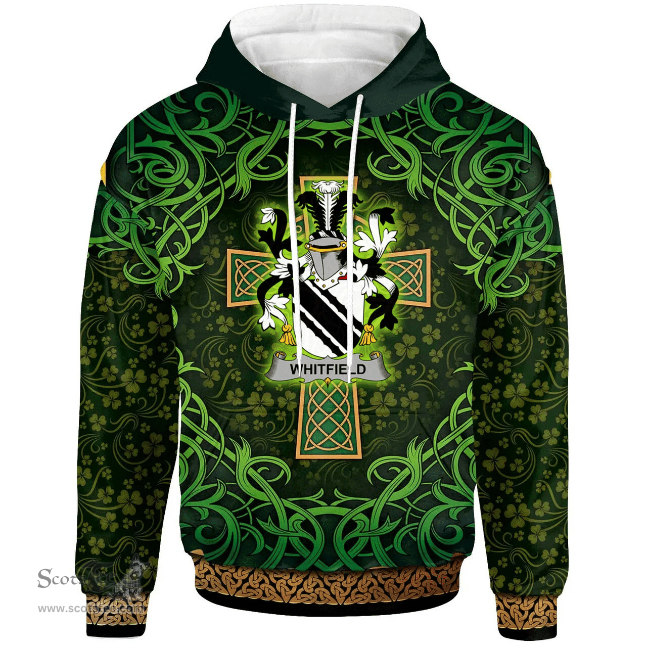 ScotsTee Shop Irish Whitfield Coat of Arms Family Crest Ireland Hoodie Celtic Cross Shamrock Patterns