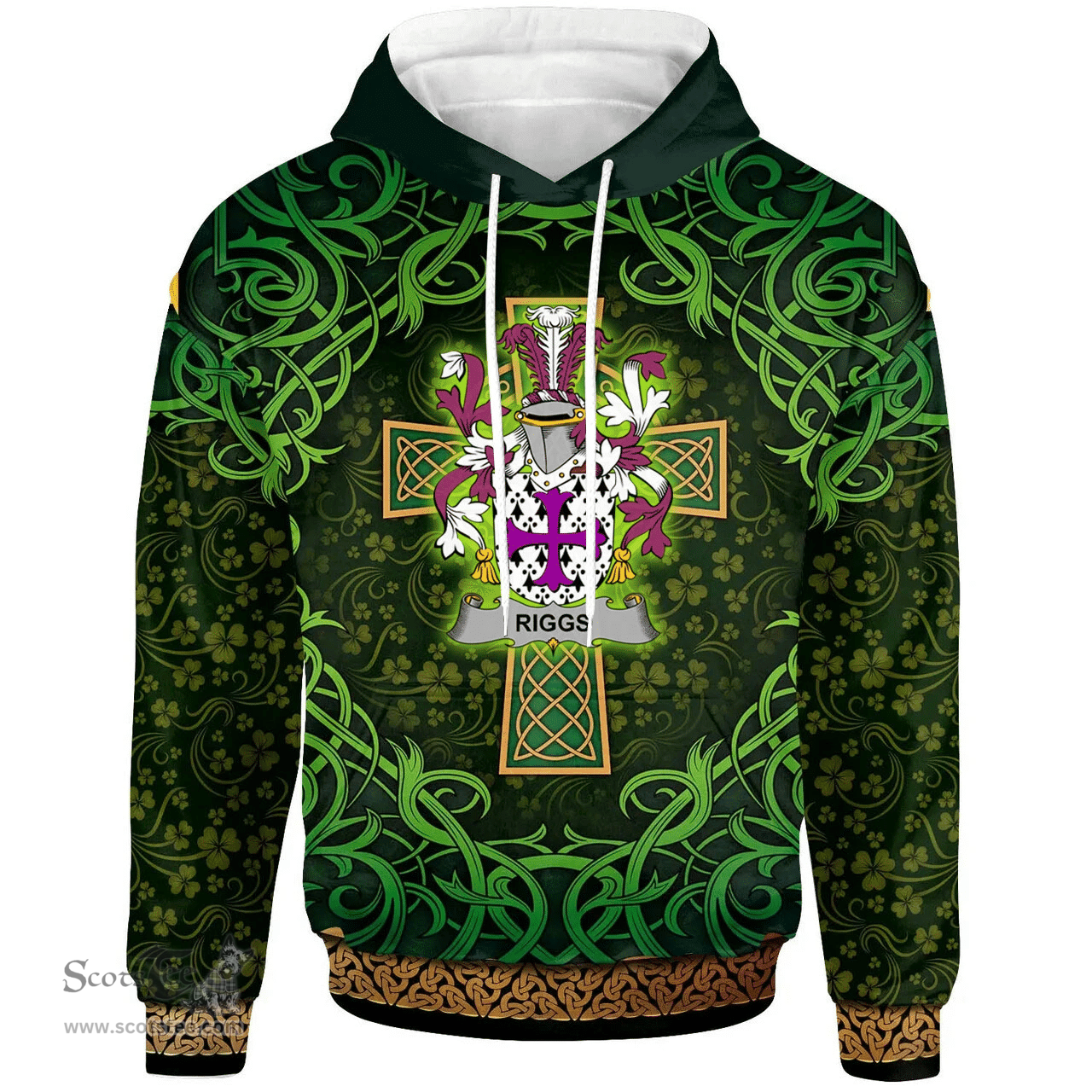 ScotsTee Shop Irish Riggs Coat of Arms Family Crest Ireland Hoodie Celtic Cross Shamrock Patterns