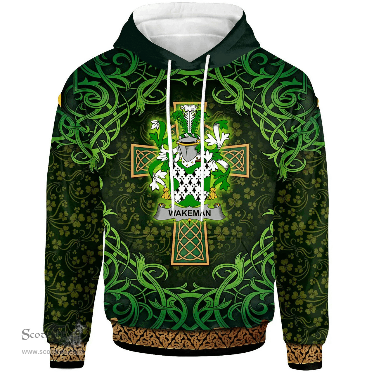 ScotsTee Shop Irish Wakeman Coat of Arms Family Crest Ireland Hoodie Celtic Cross Shamrock Patterns