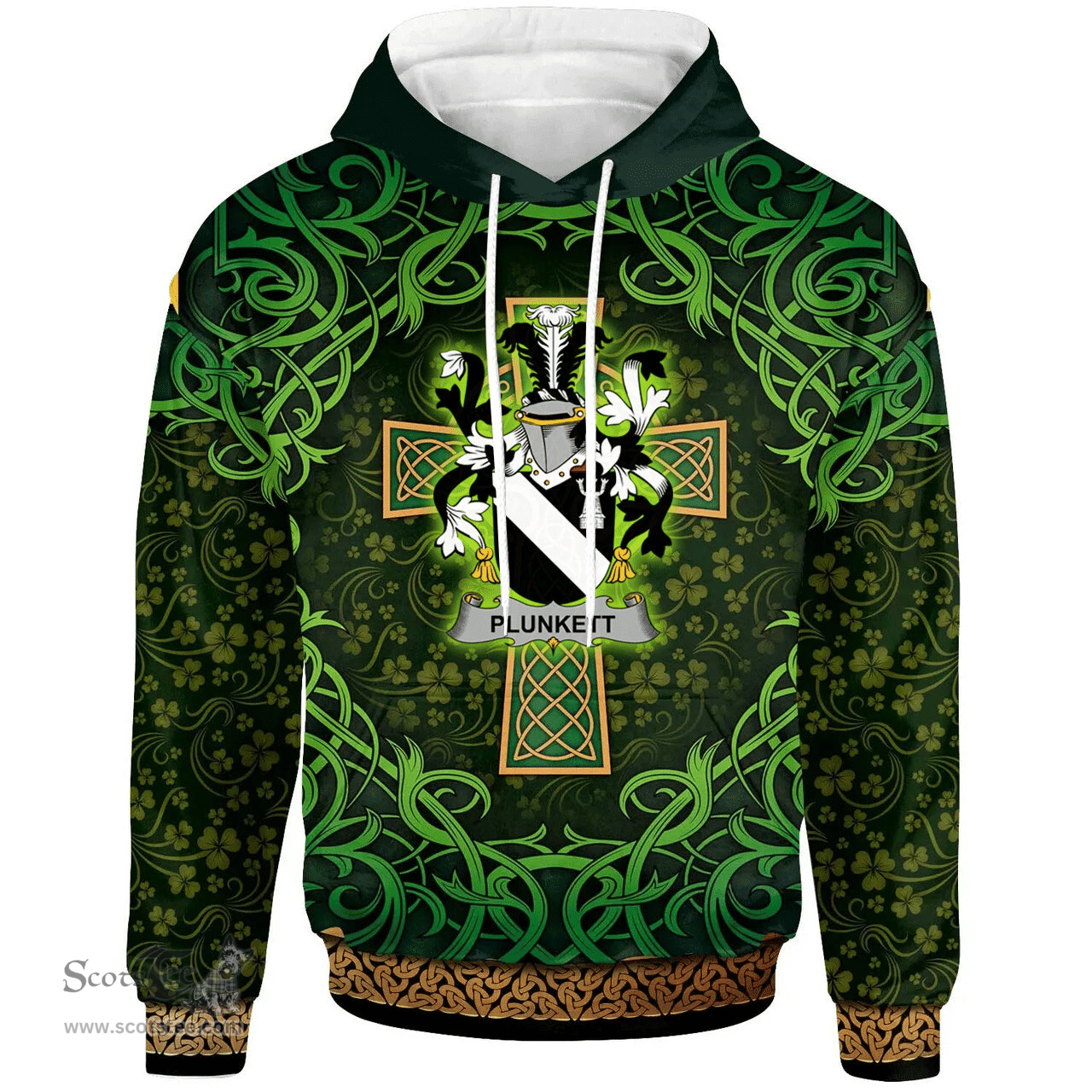 ScotsTee Shop Irish Plunkett Coat of Arms Family Crest Ireland Hoodie Celtic Cross Shamrock Patterns