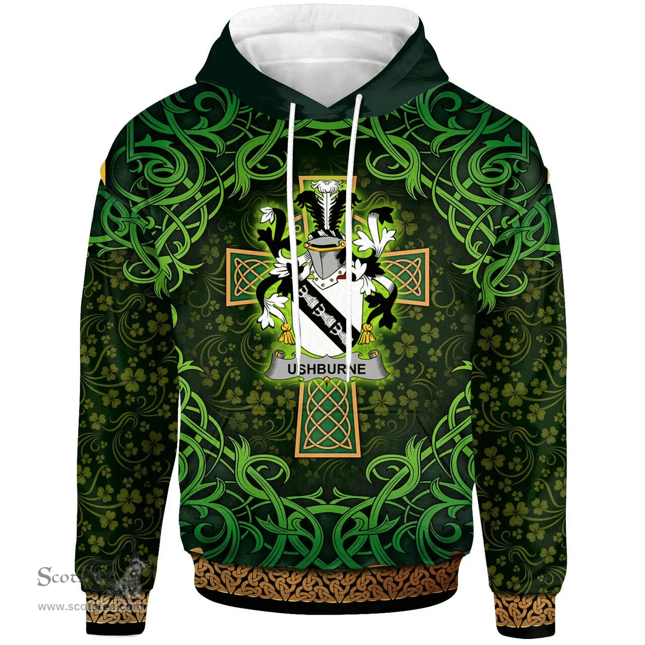 ScotsTee Shop Irish Ushburne Coat of Arms Family Crest Ireland Hoodie Celtic Cross Shamrock Patterns