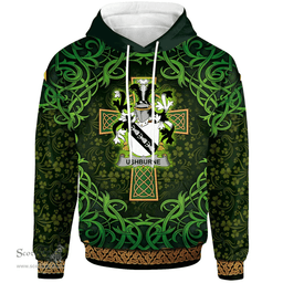 ScotsTee Shop Irish Ushburne Coat of Arms Family Crest Ireland Hoodie Celtic Cross Shamrock Patterns