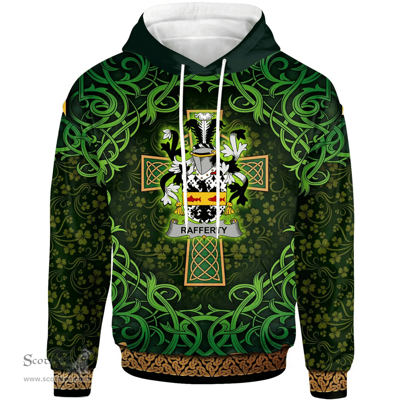 ScotsTee Shop Irish Rafferty or O'Rafferty Coat of Arms Family Crest Ireland Hoodie Celtic Cross Shamrock Patterns
