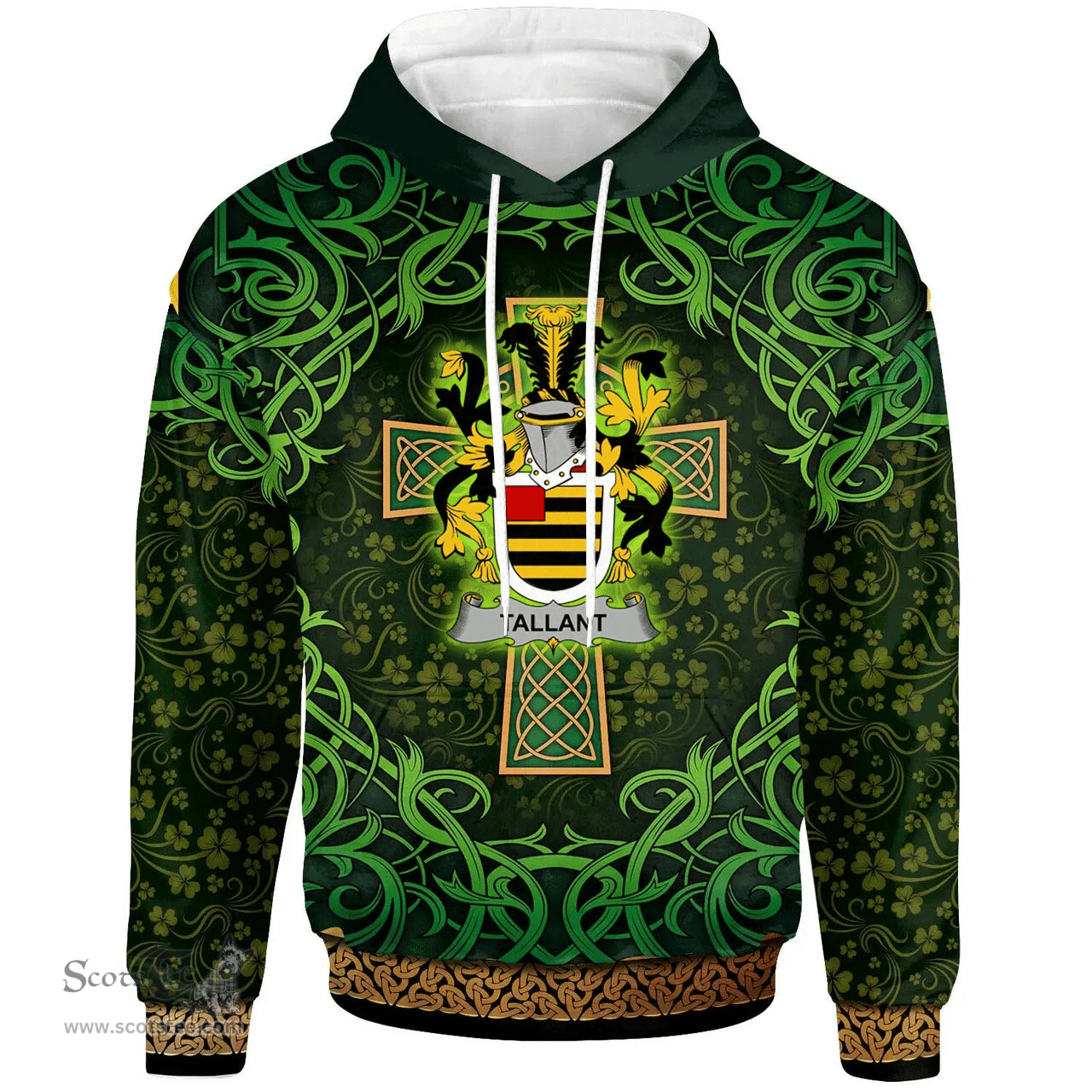 ScotsTee Shop Irish Tallant or Tallon Coat of Arms Family Crest Ireland Hoodie Celtic Cross Shamrock Patterns