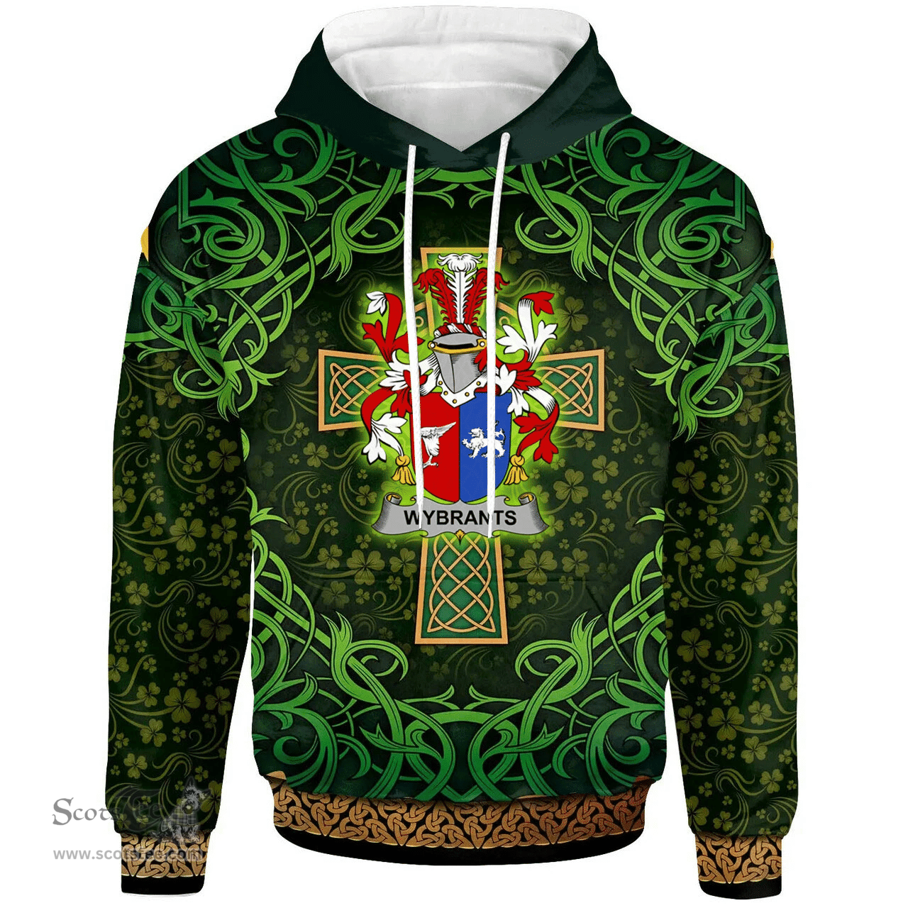 ScotsTee Shop Irish Wybrants Coat of Arms Family Crest Ireland Hoodie Celtic Cross Shamrock Patterns