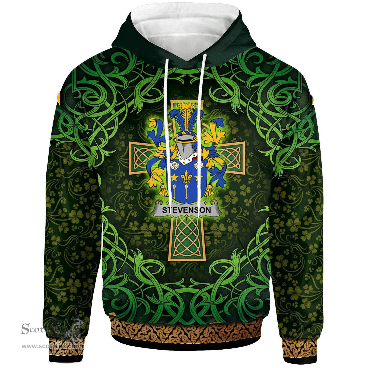 ScotsTee Shop Irish Stevenson Coat of Arms Family Crest Ireland Hoodie Celtic Cross Shamrock Patterns