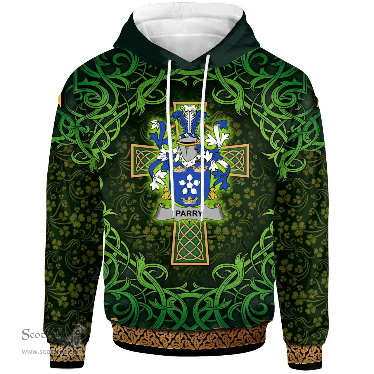 ScotsTee Shop Irish Parry Coat of Arms Family Crest Ireland Hoodie Celtic Cross Shamrock Patterns