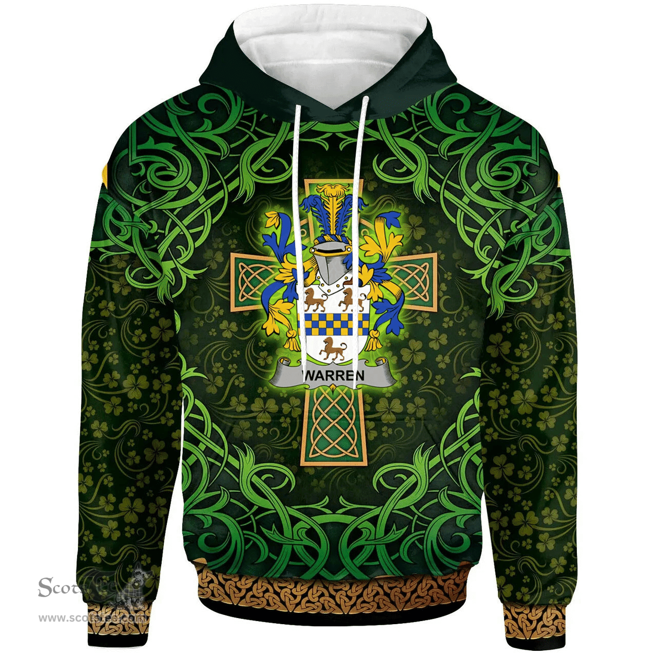 ScotsTee Shop Irish Warren Coat of Arms Family Crest Ireland Hoodie Celtic Cross Shamrock Patterns