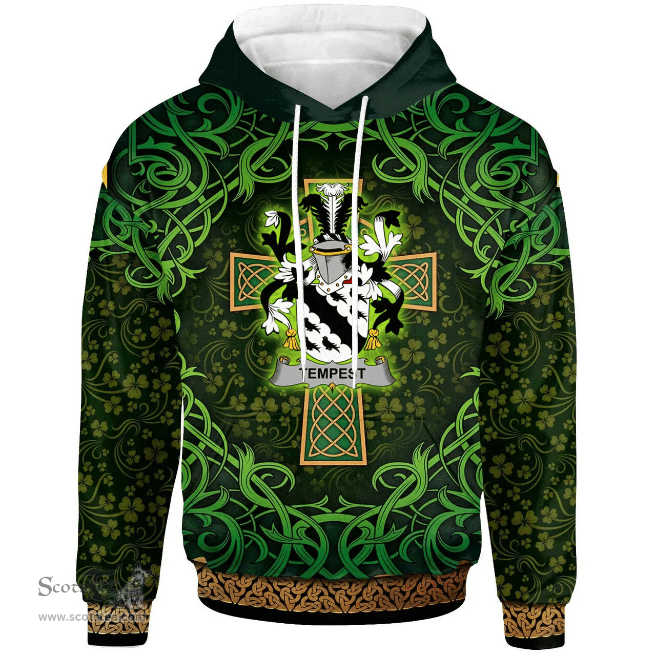 ScotsTee Shop Irish Tempest Coat of Arms Family Crest Ireland Hoodie Celtic Cross Shamrock Patterns
