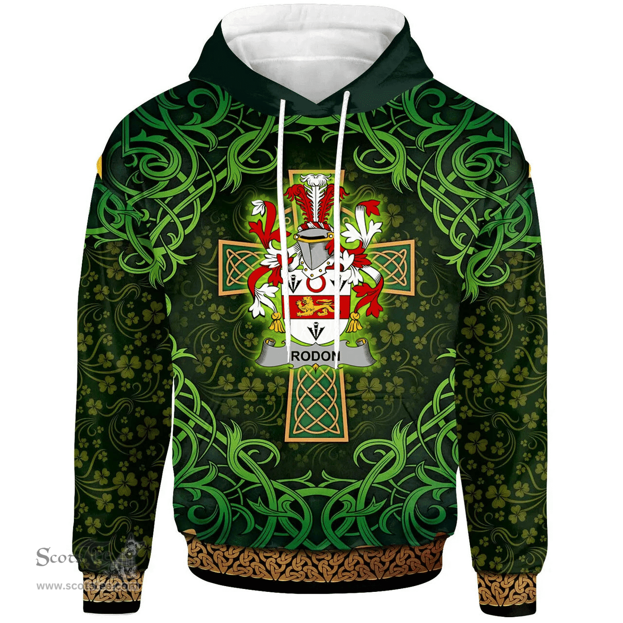 ScotsTee Shop Irish Rodon or Rodden Coat of Arms Family Crest Ireland Hoodie Celtic Cross Shamrock Patterns