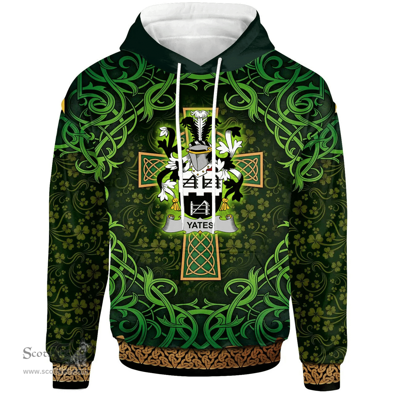 ScotsTee Shop Irish Yeates Coat of Arms Family Crest Ireland Hoodie Celtic Cross Shamrock Patterns