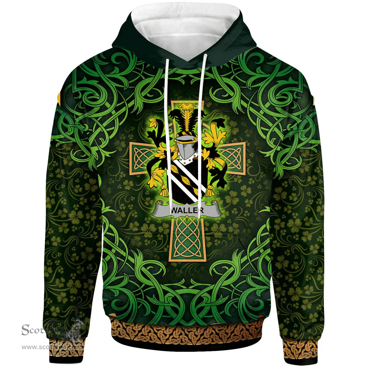 ScotsTee Shop Irish Waller Coat of Arms Family Crest Ireland Hoodie Celtic Cross Shamrock Patterns