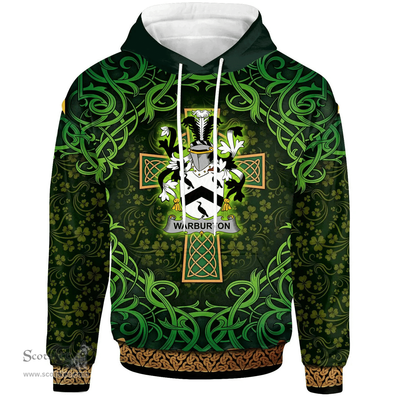ScotsTee Shop Irish Warburton Coat of Arms Family Crest Ireland Hoodie Celtic Cross Shamrock Patterns