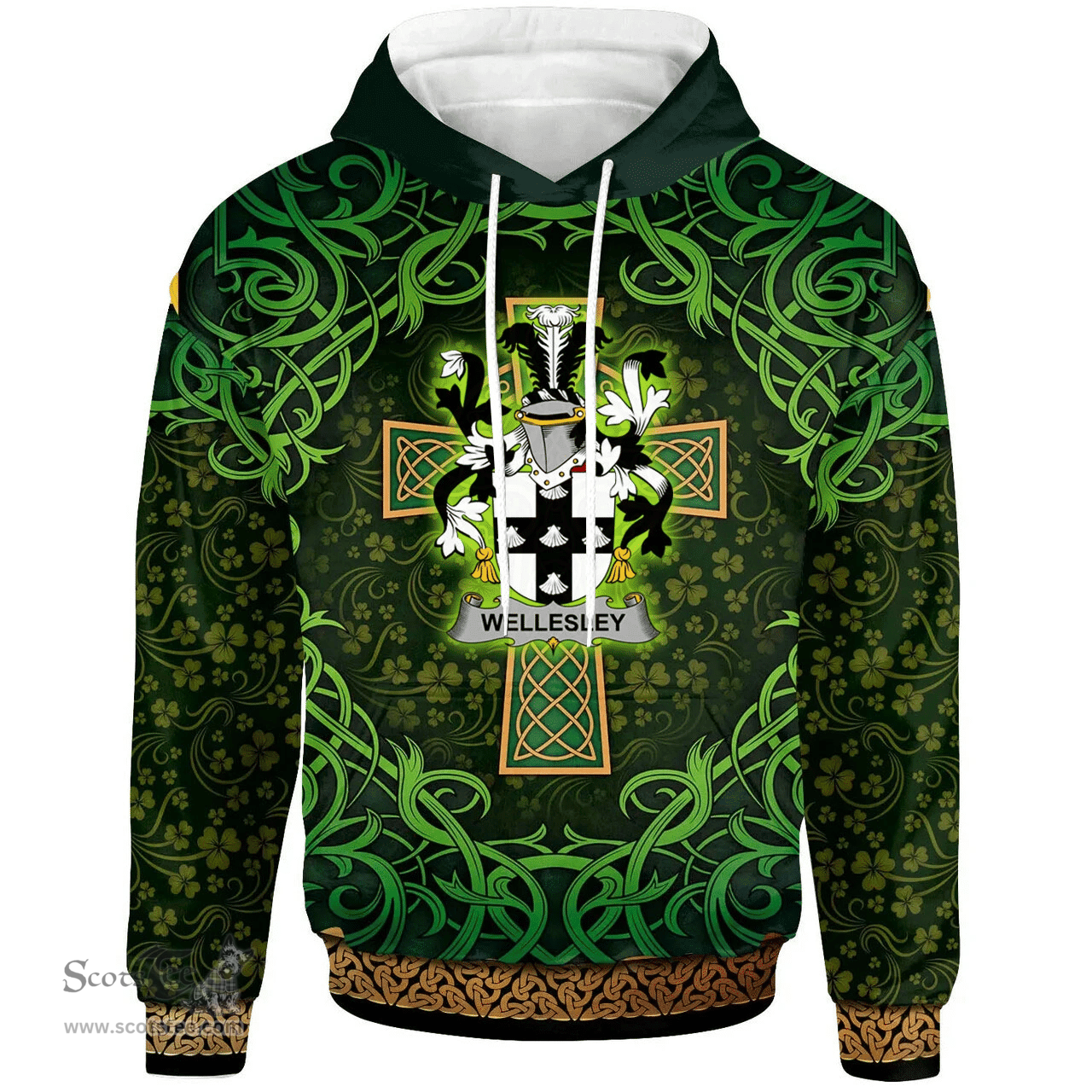 ScotsTee Shop Irish Wellesley Coat of Arms Family Crest Ireland Hoodie Celtic Cross Shamrock Patterns