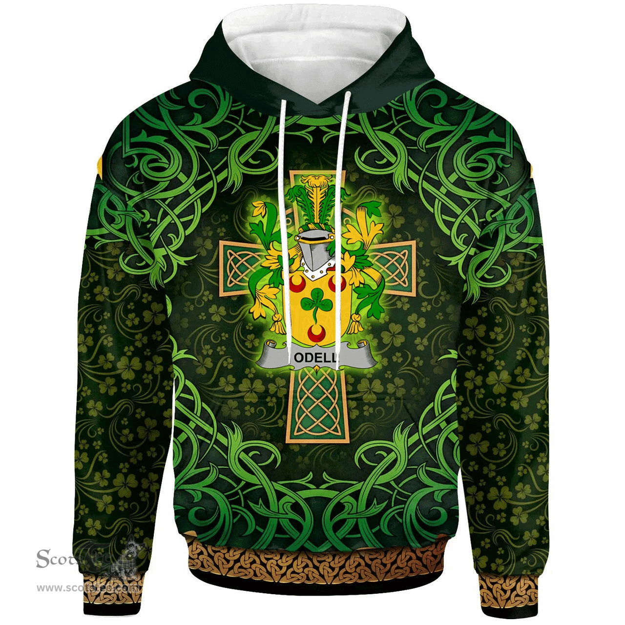 ScotsTee Shop Irish Odell Coat of Arms Family Crest Ireland Hoodie Celtic Cross Shamrock Patterns