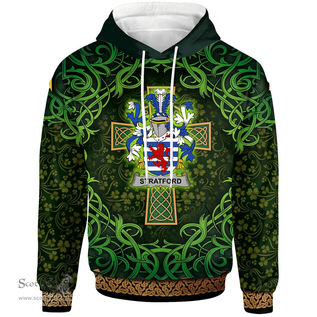 ScotsTee Shop Irish Stratford Coat of Arms Family Crest Ireland Hoodie Celtic Cross Shamrock Patterns