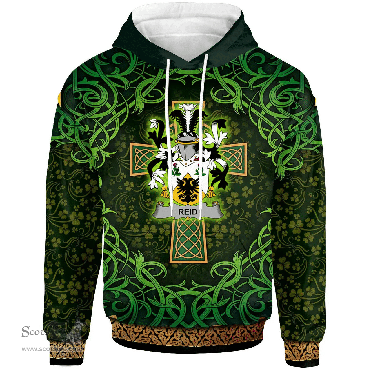 ScotsTee Shop Irish Reid Coat of Arms Family Crest Ireland Hoodie Celtic Cross Shamrock Patterns