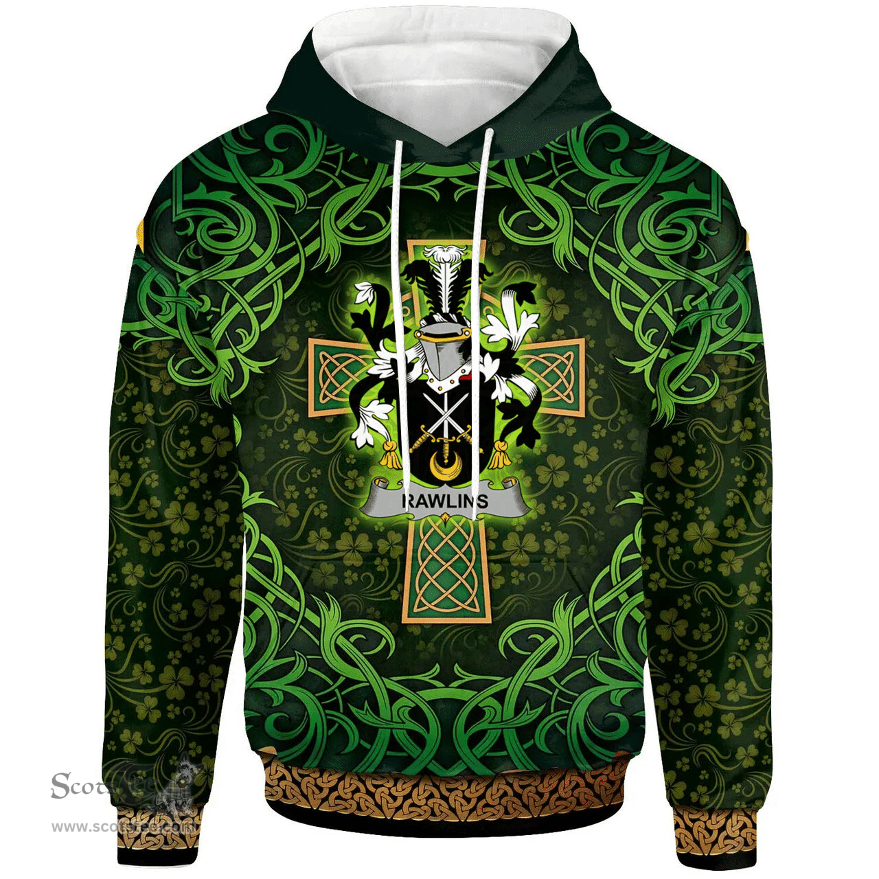 ScotsTee Shop Irish Rawlins Coat of Arms Family Crest Ireland Hoodie Celtic Cross Shamrock Patterns