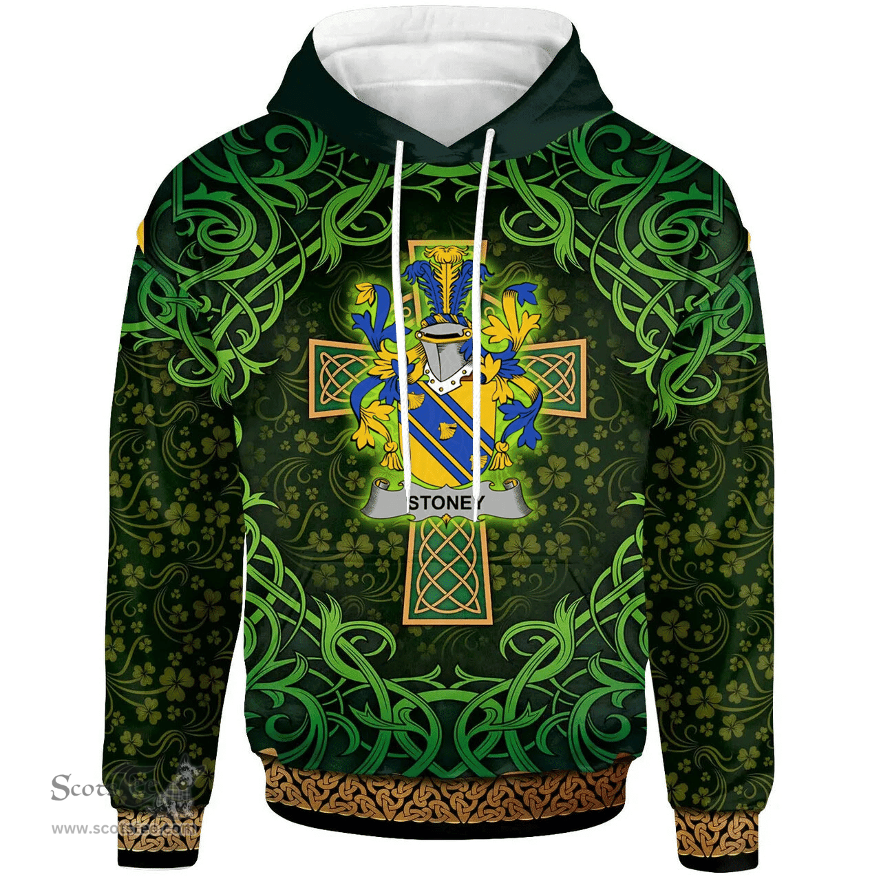 ScotsTee Shop Irish Stoney Coat of Arms Family Crest Ireland Hoodie Celtic Cross Shamrock Patterns