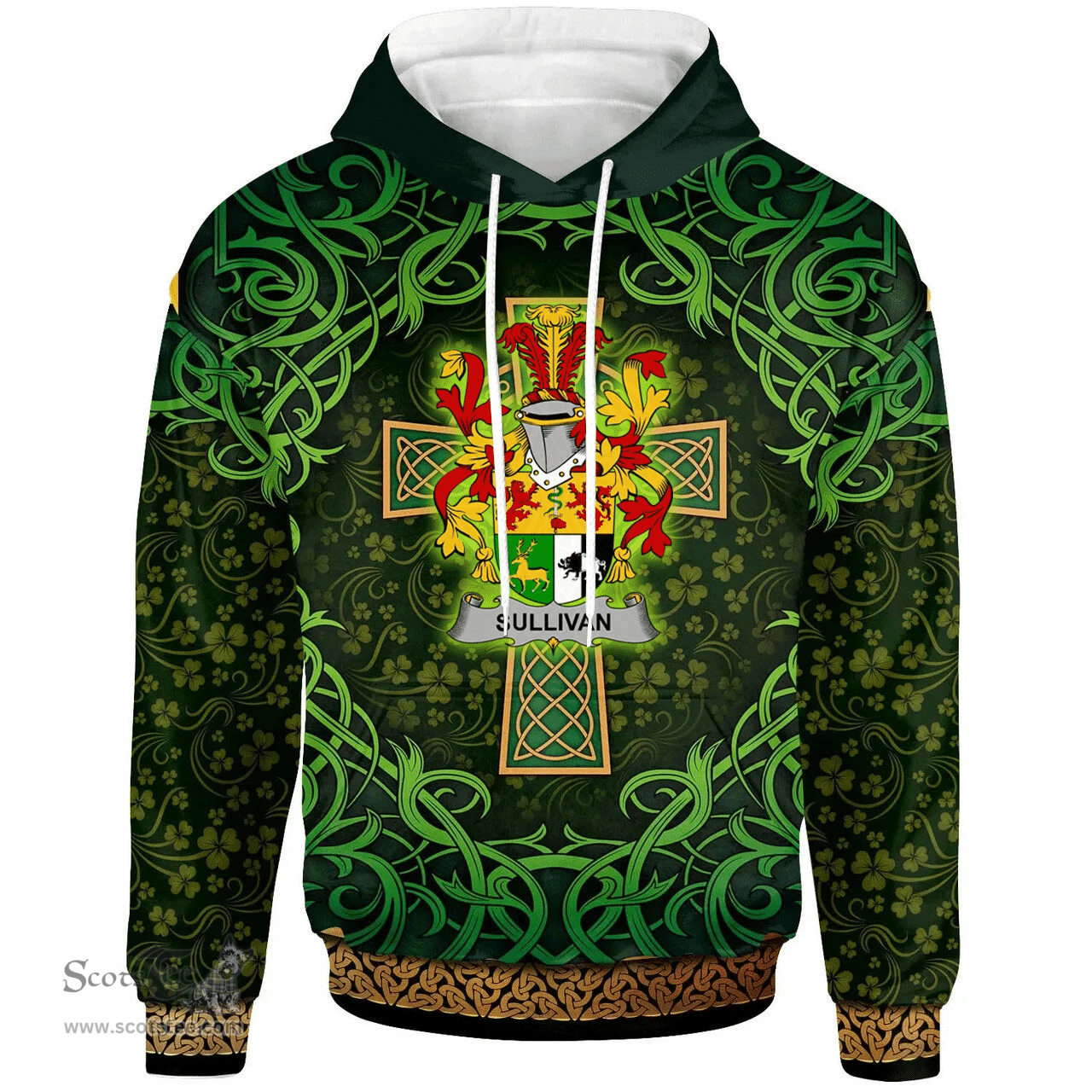 ScotsTee Shop Irish Sullivan or O'Sullivan Coat of Arms Family Crest Ireland Hoodie Celtic Cross Shamrock Patterns